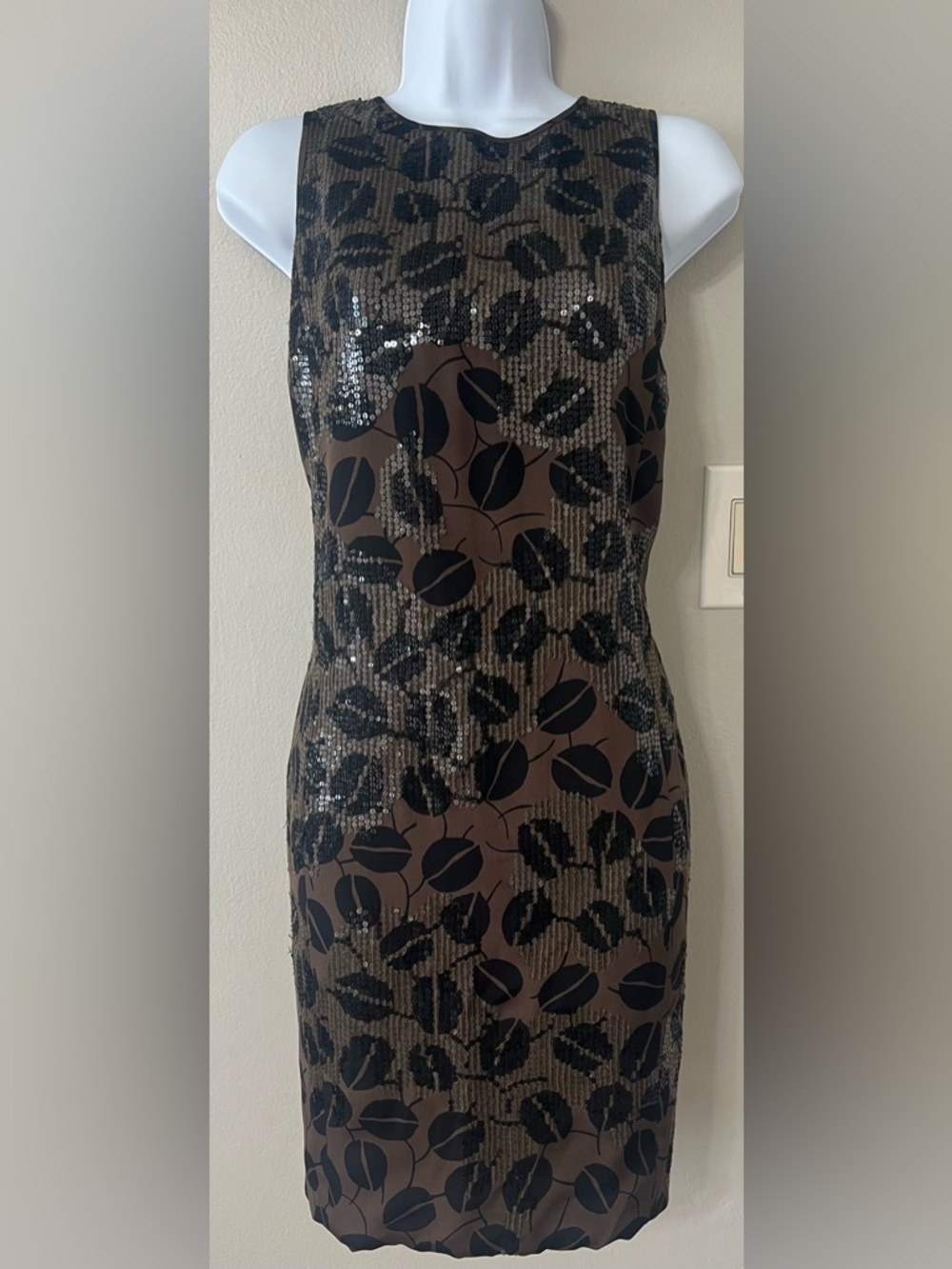 Oscar de la Renta Silk Sequin Floral Shift Dress Sz 6 Brown Black Cocktail Party